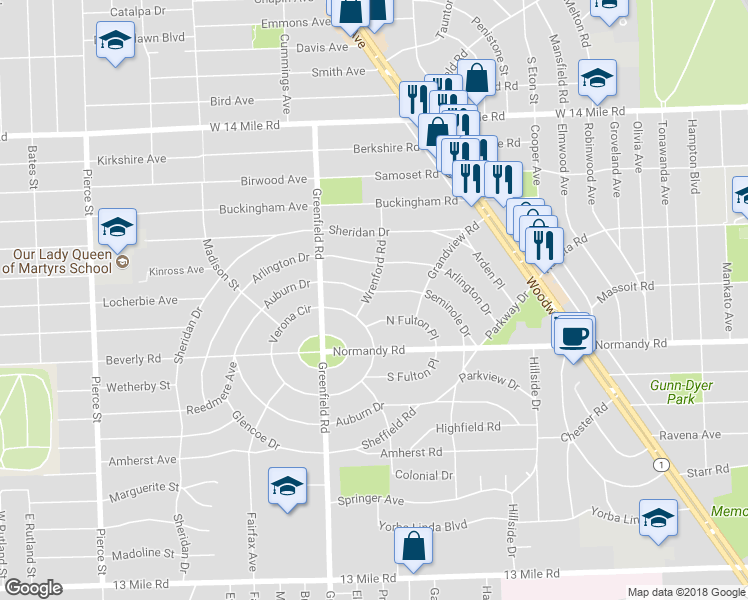 map of restaurants, bars, coffee shops, grocery stores, and more near 4323 Seminole Drive in Royal Oak