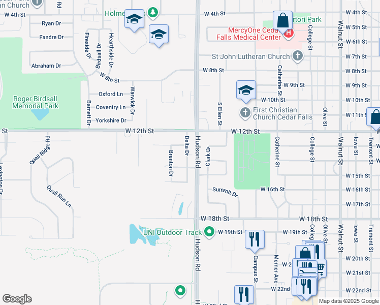 map of restaurants, bars, coffee shops, grocery stores, and more near 1314 Delta Drive in Cedar Falls