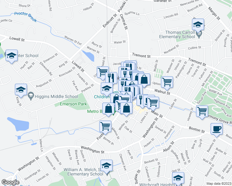 map of restaurants, bars, coffee shops, grocery stores, and more near 30 Lowell Street in Peabody