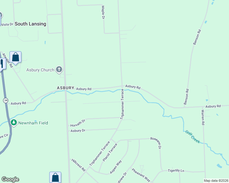 map of restaurants, bars, coffee shops, grocery stores, and more near 163 Asbury Rd in Lansing