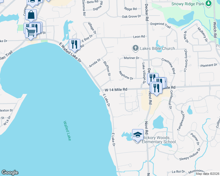 map of restaurants, bars, coffee shops, grocery stores, and more near 120 Leeds Street in Walled Lake