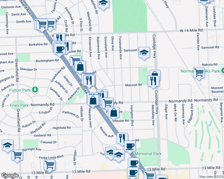 map of restaurants, bars, coffee shops, grocery stores, and more near 4248 Olivia Avenue in Royal Oak
