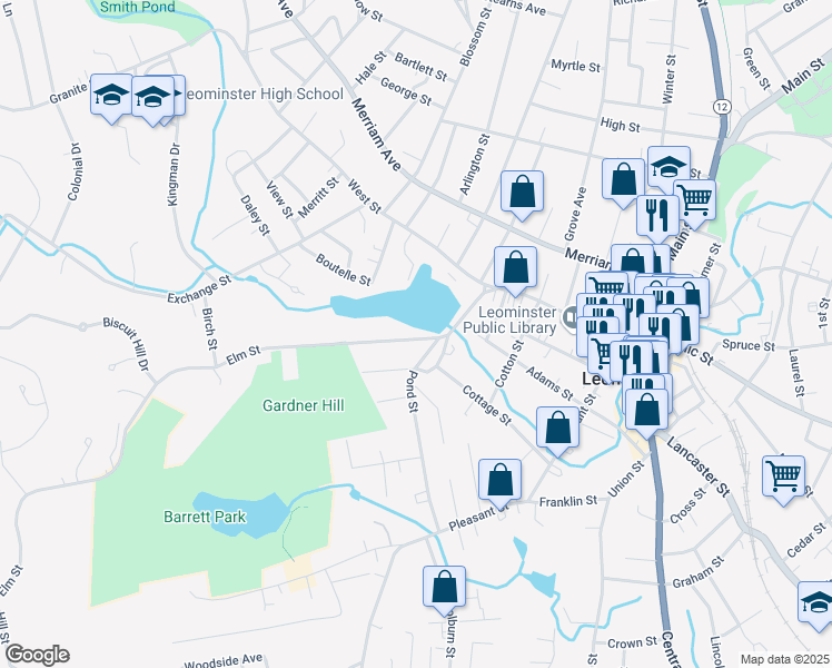 map of restaurants, bars, coffee shops, grocery stores, and more near 13 Elm Street in Leominster