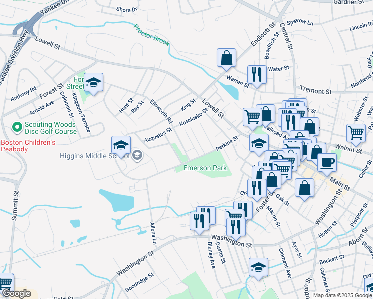 map of restaurants, bars, coffee shops, grocery stores, and more near 1 Ellsworth Road in Peabody