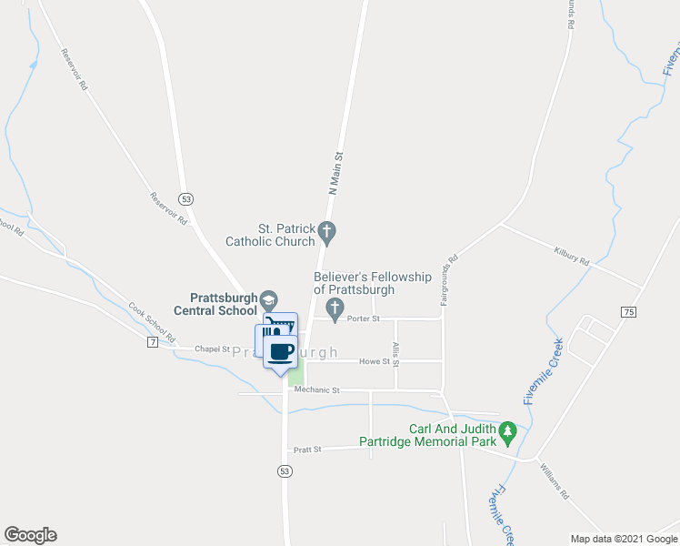 map of restaurants, bars, coffee shops, grocery stores, and more near Whitmore Park in Prattsburgh