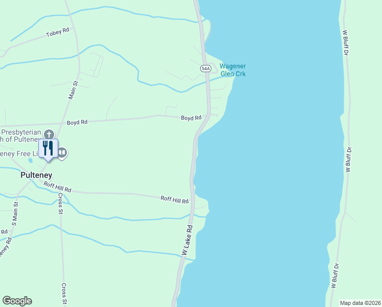 map of restaurants, bars, coffee shops, grocery stores, and more near 14641 West Lake Road in Pulteney