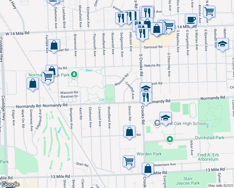 map of restaurants, bars, coffee shops, grocery stores, and more near 4228 Rosewold Avenue in Royal Oak