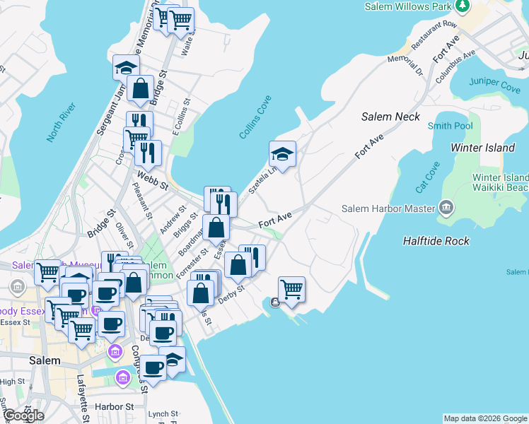 map of restaurants, bars, coffee shops, grocery stores, and more near 1 Lee Fort Terrace in Salem