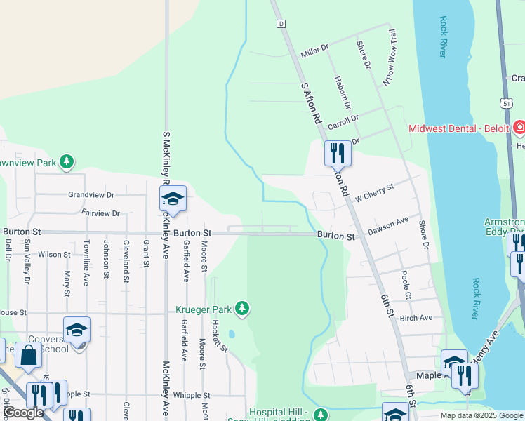 map of restaurants, bars, coffee shops, grocery stores, and more near 2199 Hackett Street in Beloit