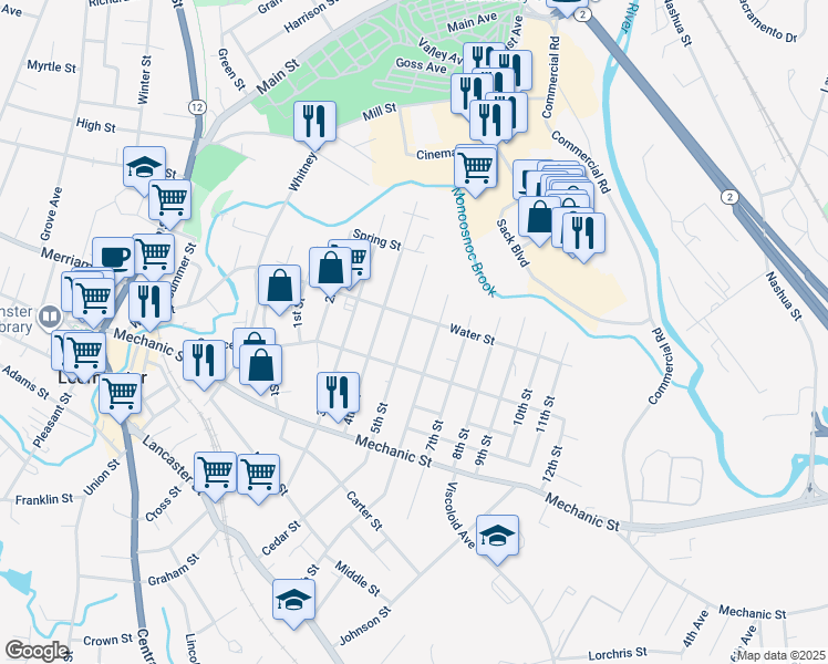 map of restaurants, bars, coffee shops, grocery stores, and more near 110 5th Street in Leominster
