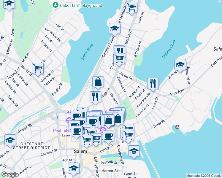map of restaurants, bars, coffee shops, grocery stores, and more near 138 Bridge Street in Salem