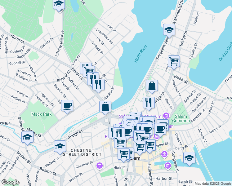 map of restaurants, bars, coffee shops, grocery stores, and more near 20R Franklin Street in Salem