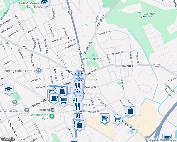 map of restaurants, bars, coffee shops, grocery stores, and more near 749 Main Street in Reading