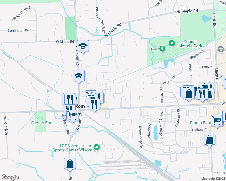 map of restaurants, bars, coffee shops, grocery stores, and more near 238 Center Boulevard in Wixom