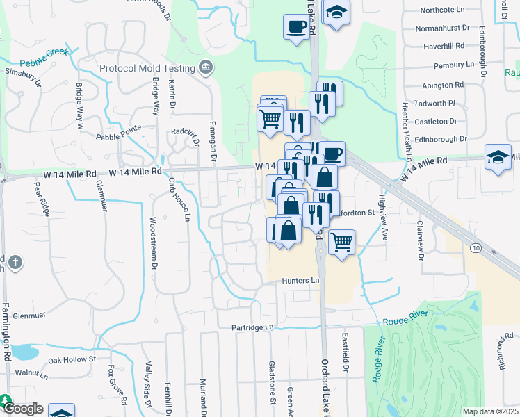 map of restaurants, bars, coffee shops, grocery stores, and more near 31180 Hunters Drive in Farmington Hills