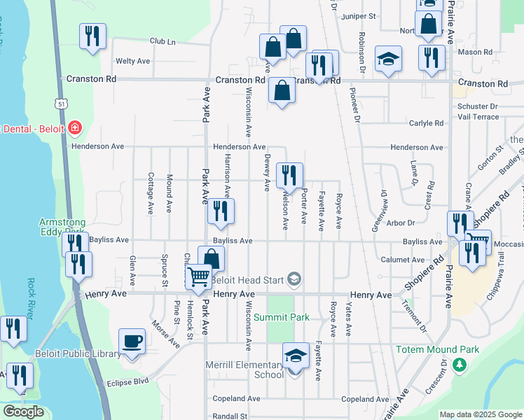 map of restaurants, bars, coffee shops, grocery stores, and more near 1940 Dewey Avenue in Beloit