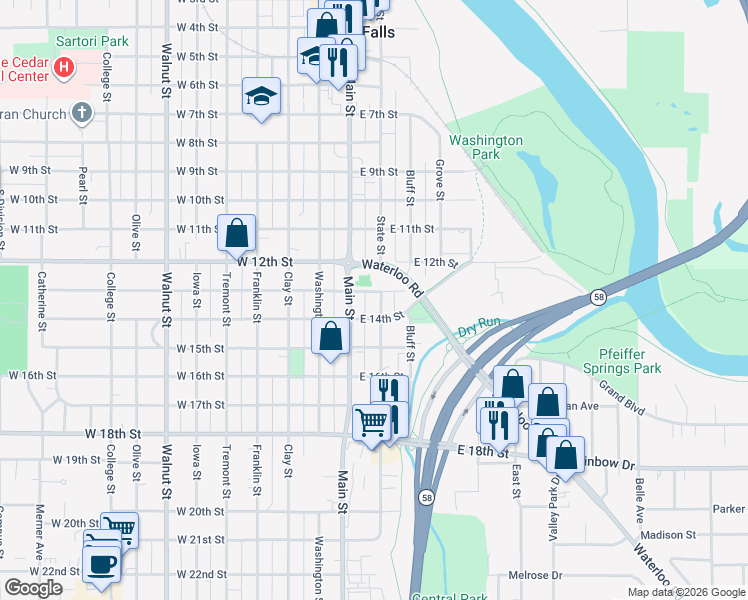 map of restaurants, bars, coffee shops, grocery stores, and more near 1309 State Street in Cedar Falls