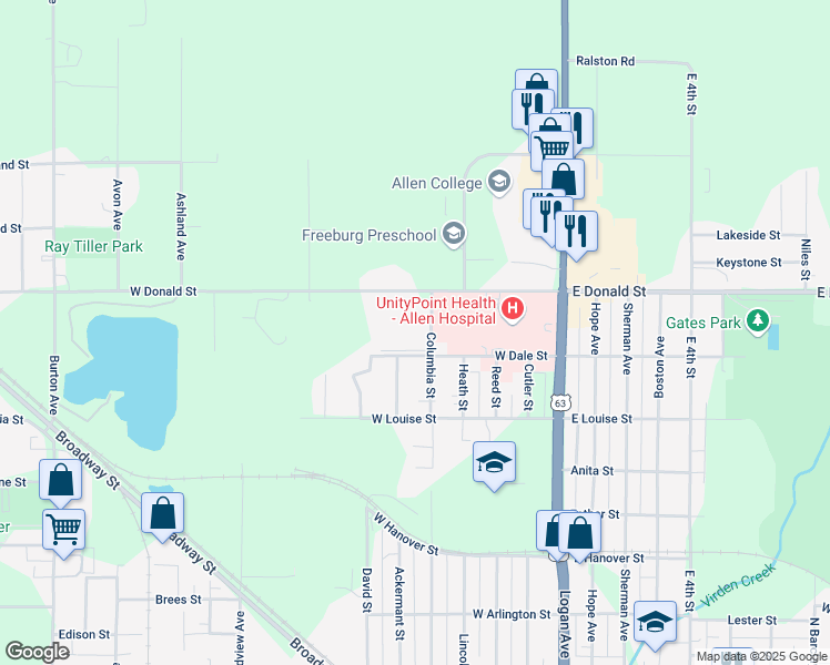map of restaurants, bars, coffee shops, grocery stores, and more near 1721 Columbia Street in Waterloo