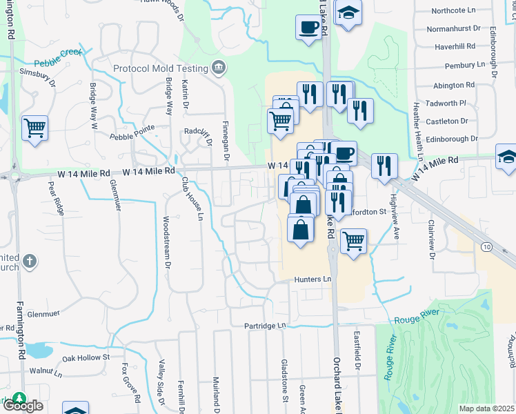 map of restaurants, bars, coffee shops, grocery stores, and more near 31180 Hunters Drive in Farmington Hills
