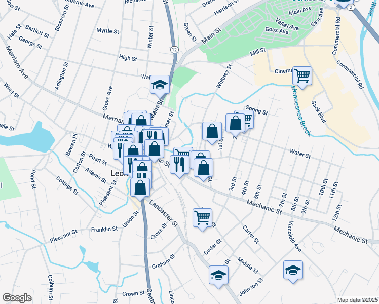 map of restaurants, bars, coffee shops, grocery stores, and more near 40 Spruce Street in Leominster
