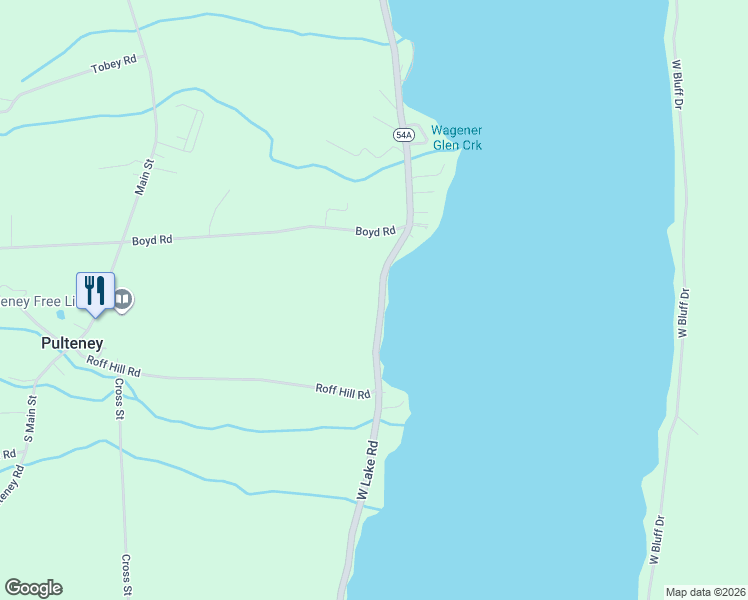 map of restaurants, bars, coffee shops, grocery stores, and more near 14641 West Lake Road in Pulteney