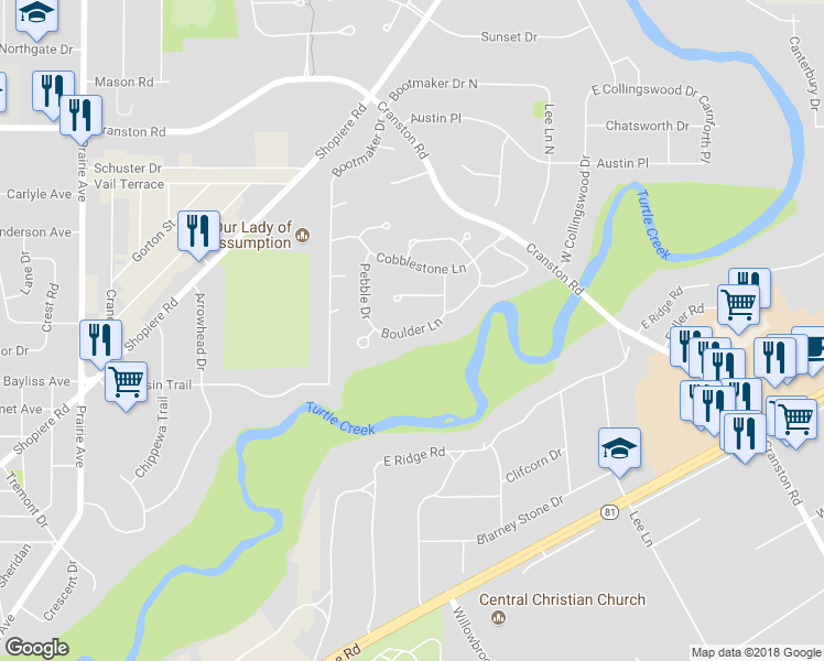 map of restaurants, bars, coffee shops, grocery stores, and more near 2398 Boulder Ln in Beloit