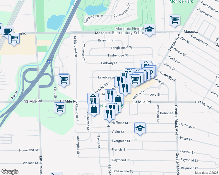 map of restaurants, bars, coffee shops, grocery stores, and more near 21512 Willow Wisp Street in St. Clair Shores