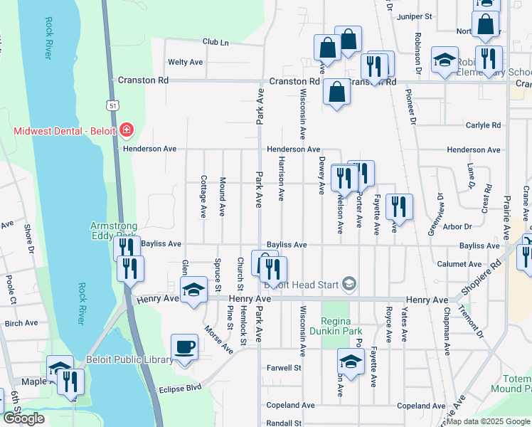 map of restaurants, bars, coffee shops, grocery stores, and more near 1939 Park Avenue in Beloit