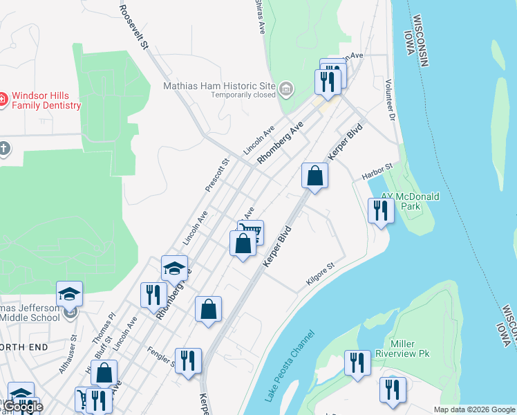 map of restaurants, bars, coffee shops, grocery stores, and more near 1888 Garfield Ave in Dubuque