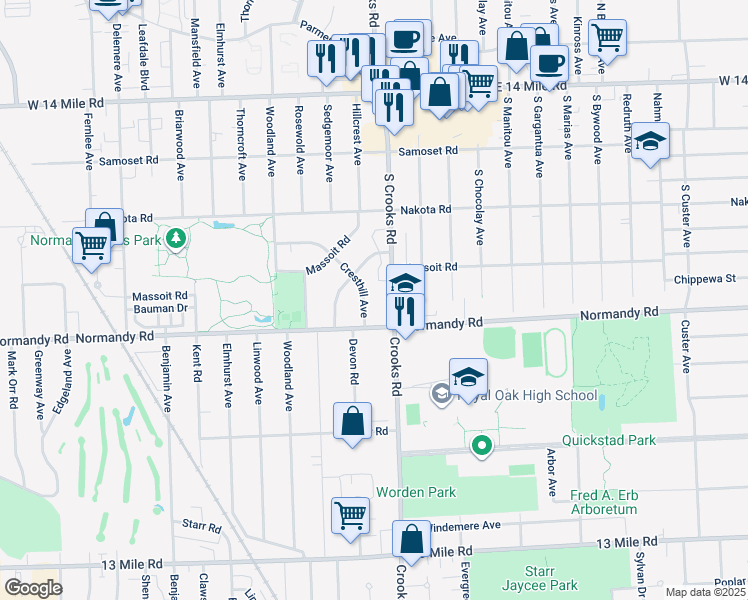 map of restaurants, bars, coffee shops, grocery stores, and more near 1730 Cresthill Ave in Royal Oak