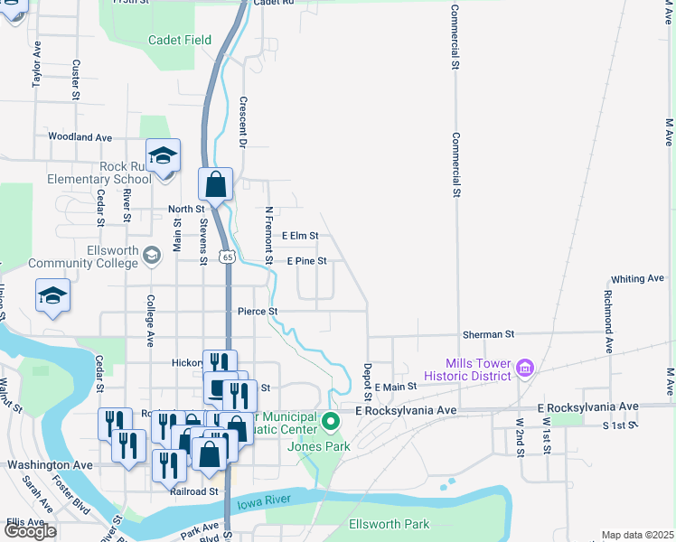 map of restaurants, bars, coffee shops, grocery stores, and more near 1020 Pearl Street in Iowa Falls