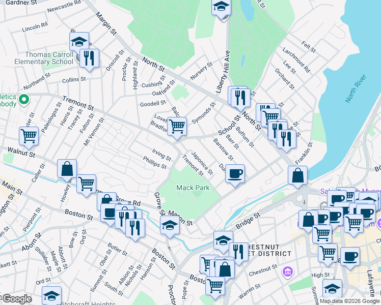 map of restaurants, bars, coffee shops, grocery stores, and more near 1 Japonica Avenue in Salem