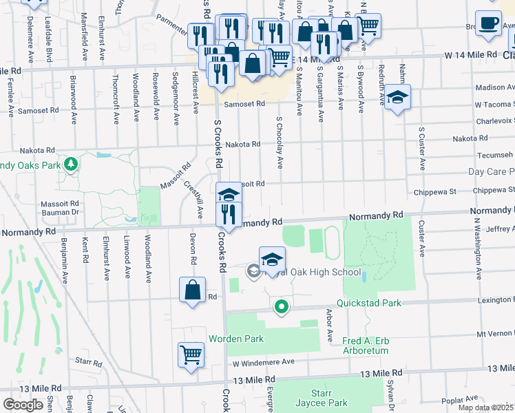 map of restaurants, bars, coffee shops, grocery stores, and more near 806 South Webik Avenue in Clawson