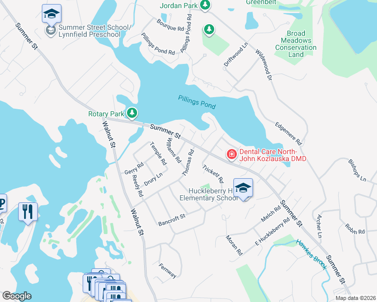 map of restaurants, bars, coffee shops, grocery stores, and more near 3 Thomas Road in Lynnfield