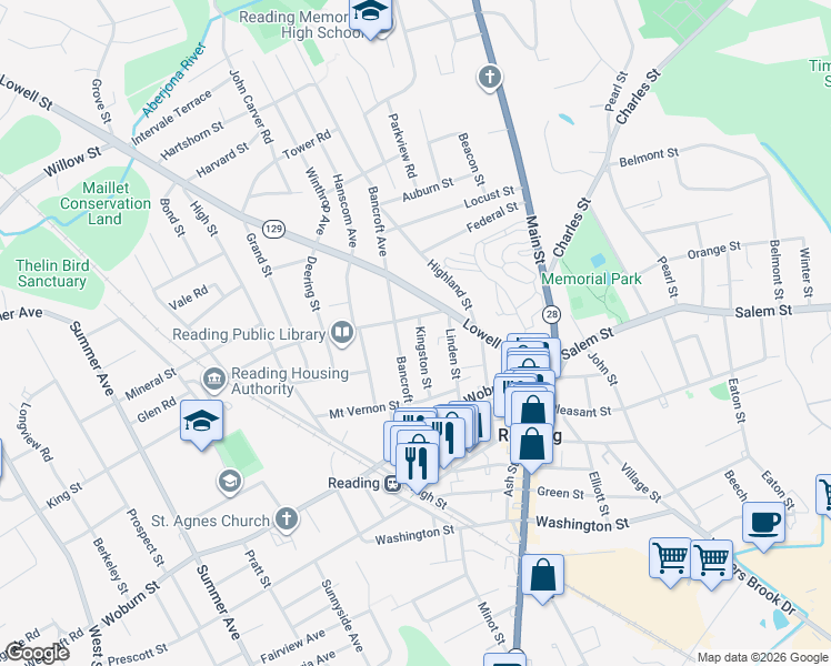 map of restaurants, bars, coffee shops, grocery stores, and more near 9 Kingston Street in Reading