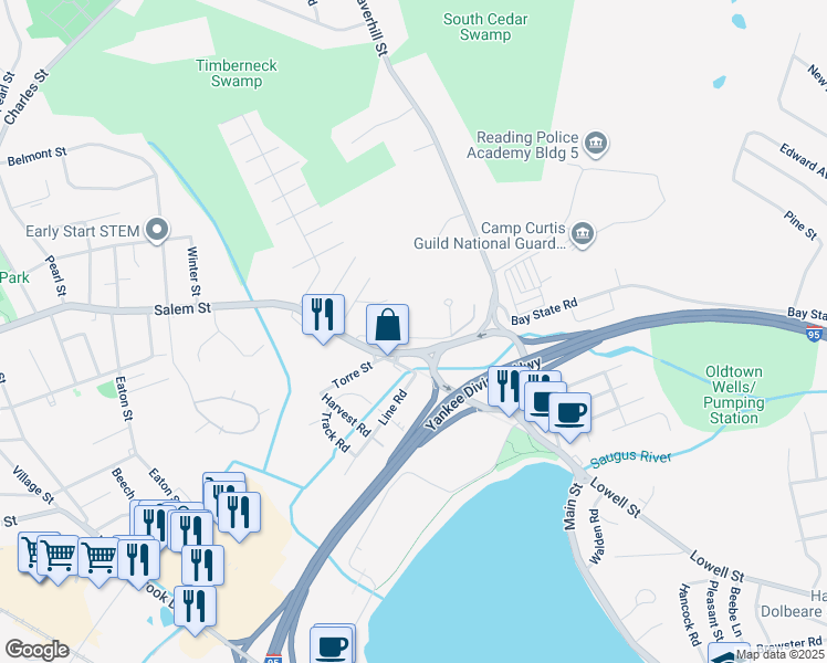 map of restaurants, bars, coffee shops, grocery stores, and more near 42 Bay State Road in Reading