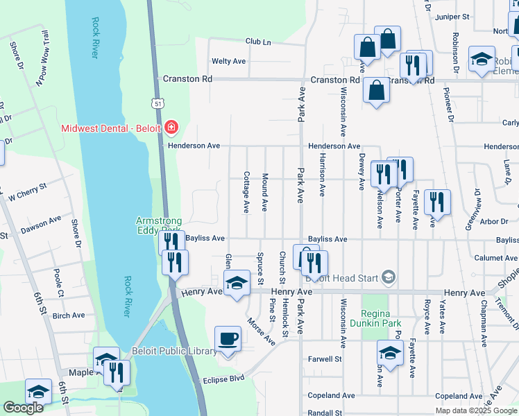 map of restaurants, bars, coffee shops, grocery stores, and more near 1942 Mound Ave in Beloit