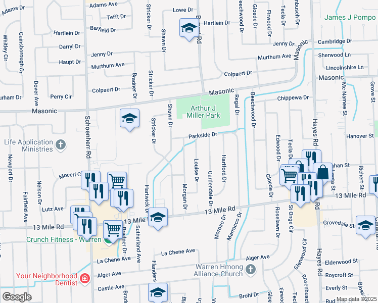 map of restaurants, bars, coffee shops, grocery stores, and more near 31540 Morgan Dr in Warren