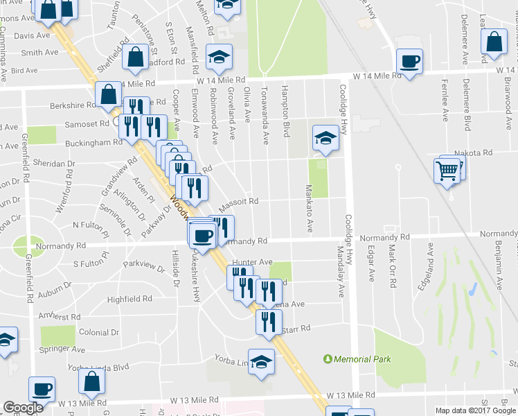 map of restaurants, bars, coffee shops, grocery stores, and more near 4248 Olivia Avenue in Royal Oak