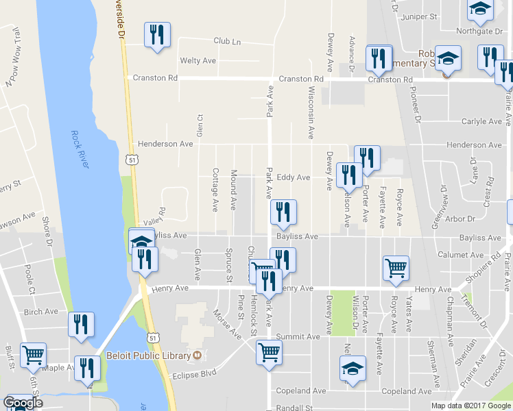 map of restaurants, bars, coffee shops, grocery stores, and more near 1947 Church Street in Beloit