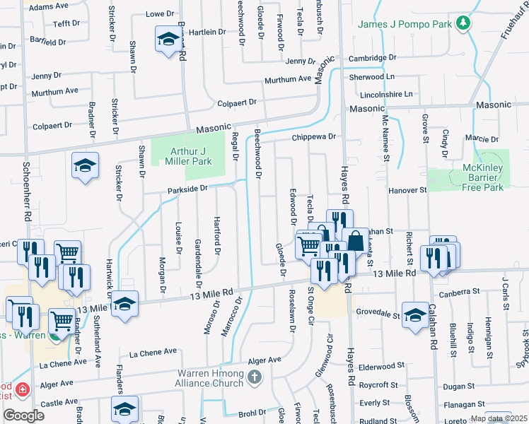 map of restaurants, bars, coffee shops, grocery stores, and more near 31434 Beechwood Drive in Warren