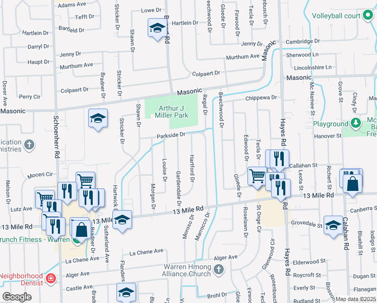 map of restaurants, bars, coffee shops, grocery stores, and more near 31463 Hartford Drive in Warren
