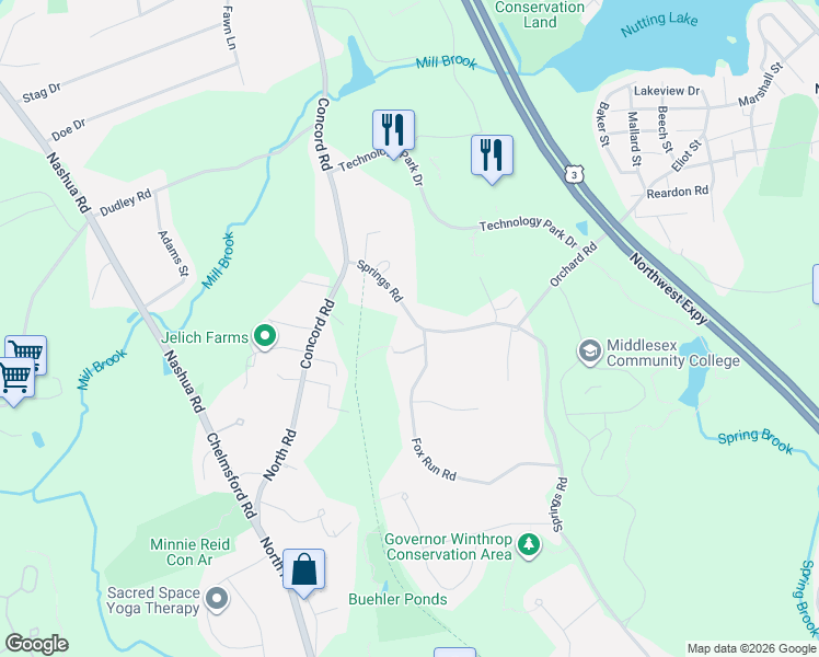 map of restaurants, bars, coffee shops, grocery stores, and more near 17 Springs Road in Billerica