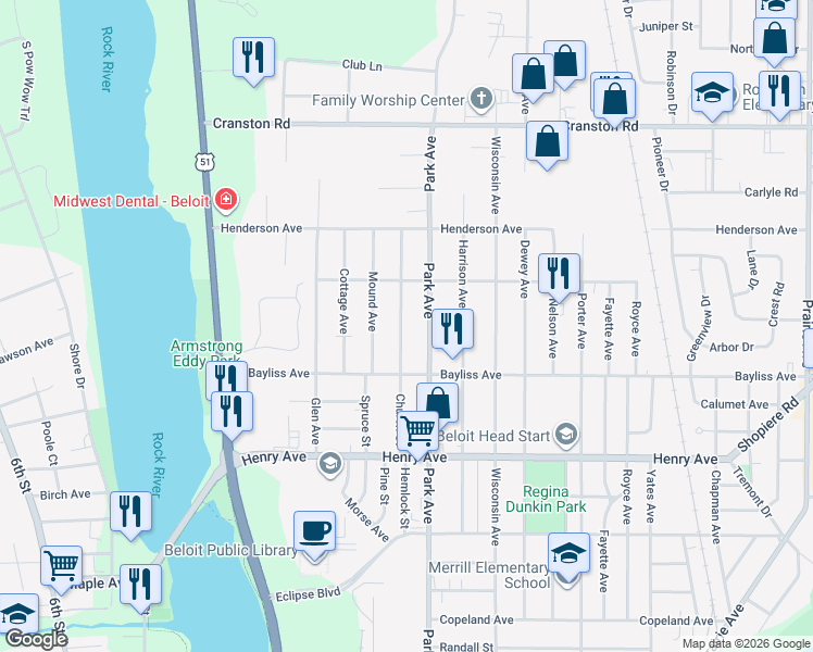 map of restaurants, bars, coffee shops, grocery stores, and more near 1947 Church Street in Beloit