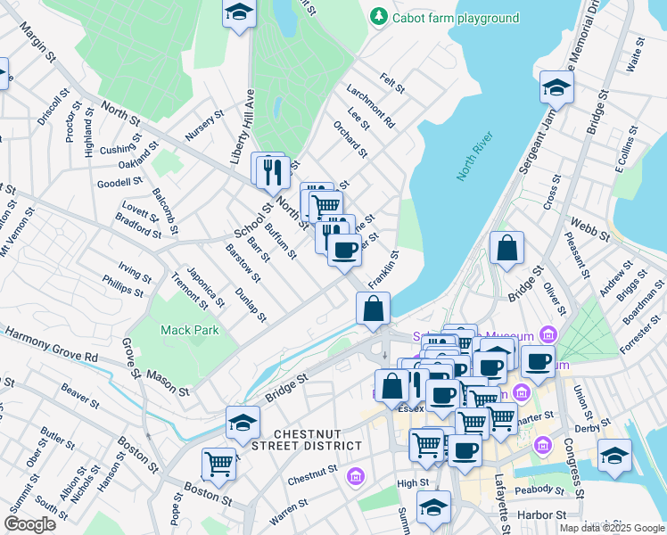 map of restaurants, bars, coffee shops, grocery stores, and more near 105 North Street in Salem