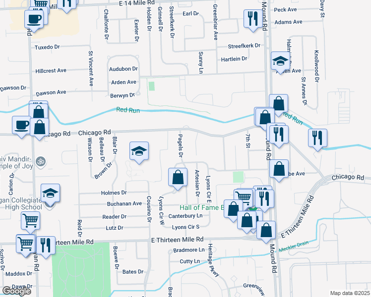 map of restaurants, bars, coffee shops, grocery stores, and more near 31660 Pagels Dr in Warren