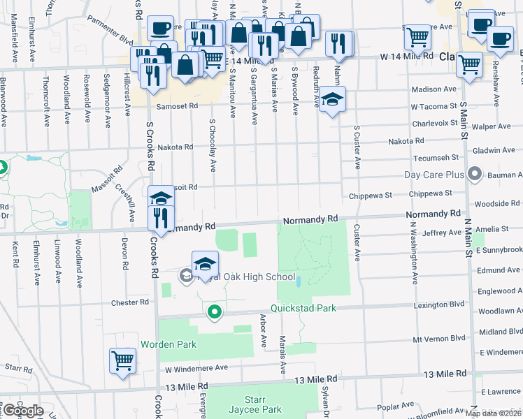map of restaurants, bars, coffee shops, grocery stores, and more near 815 South Gargantua Avenue in Clawson