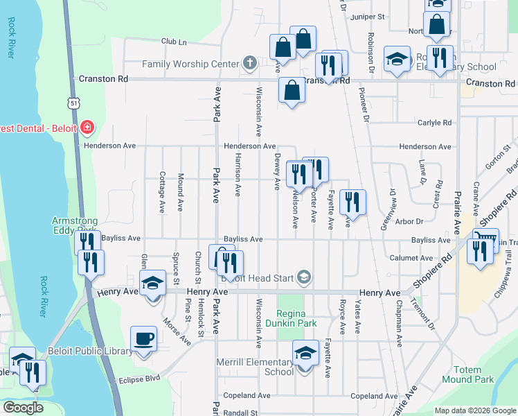 map of restaurants, bars, coffee shops, grocery stores, and more near 1940 Dewey Avenue in Beloit