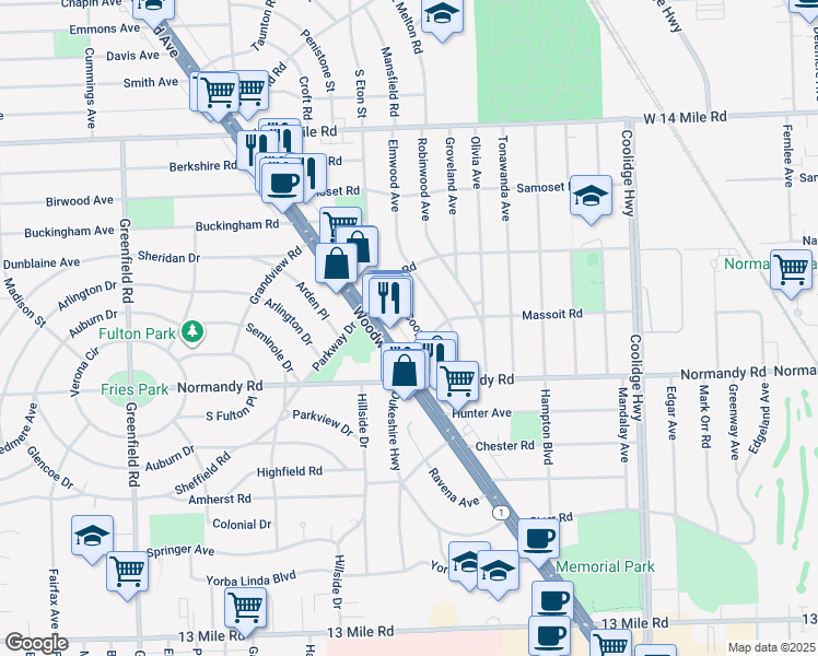 map of restaurants, bars, coffee shops, grocery stores, and more near 4221 Cooper Avenue in Royal Oak
