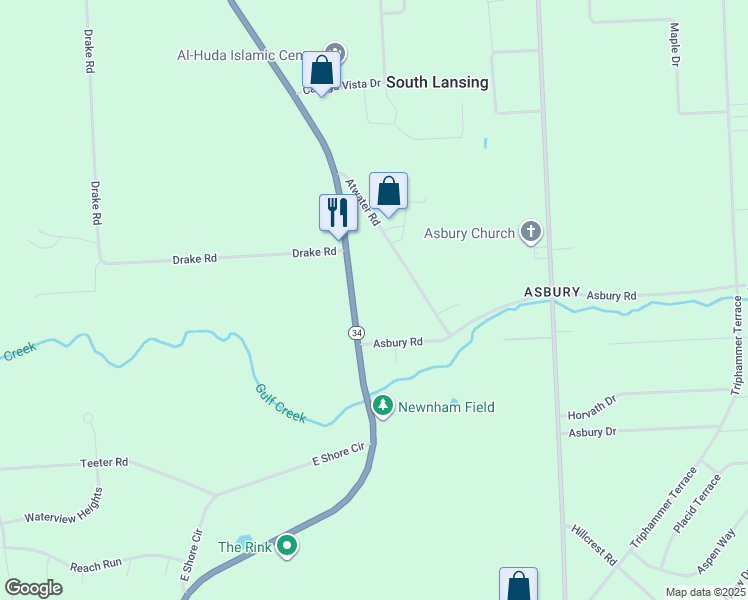 map of restaurants, bars, coffee shops, grocery stores, and more near 1895 East Shore Drive in Lansing